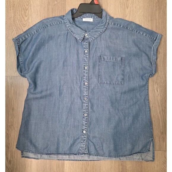 Calvin Klein 2X Plus Chambray Lyocell Denim Button Front Short Sleeve Top Blue - Picture 3 of 12